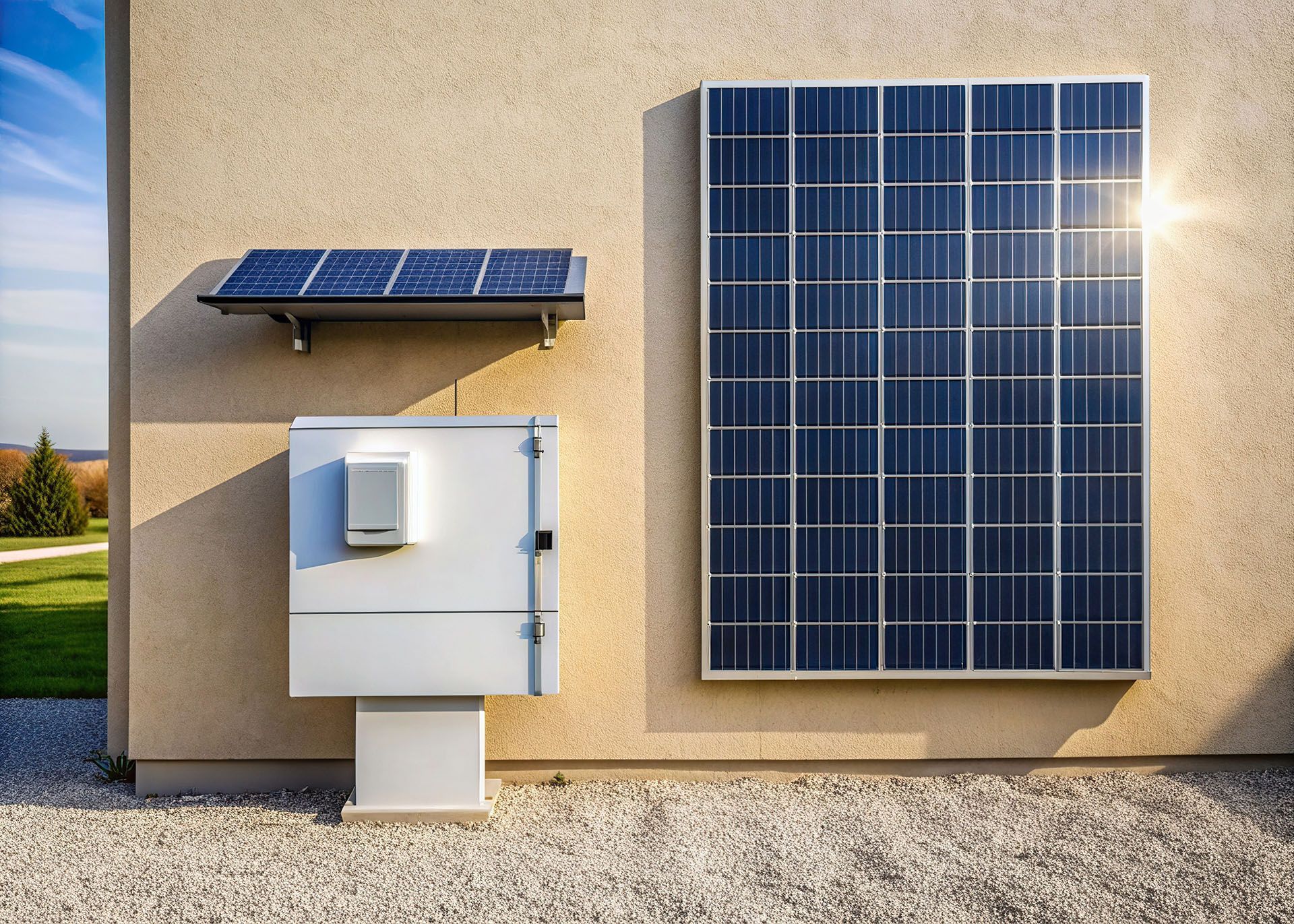 Two solar panels are mounted on the side of a building.