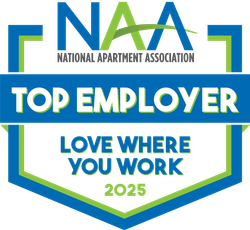 NAA Top Employer badge: blue and green design with text 