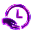 Purple hand cradling a clock icon