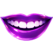 Purple, glossy lips smiling, white teeth visible.