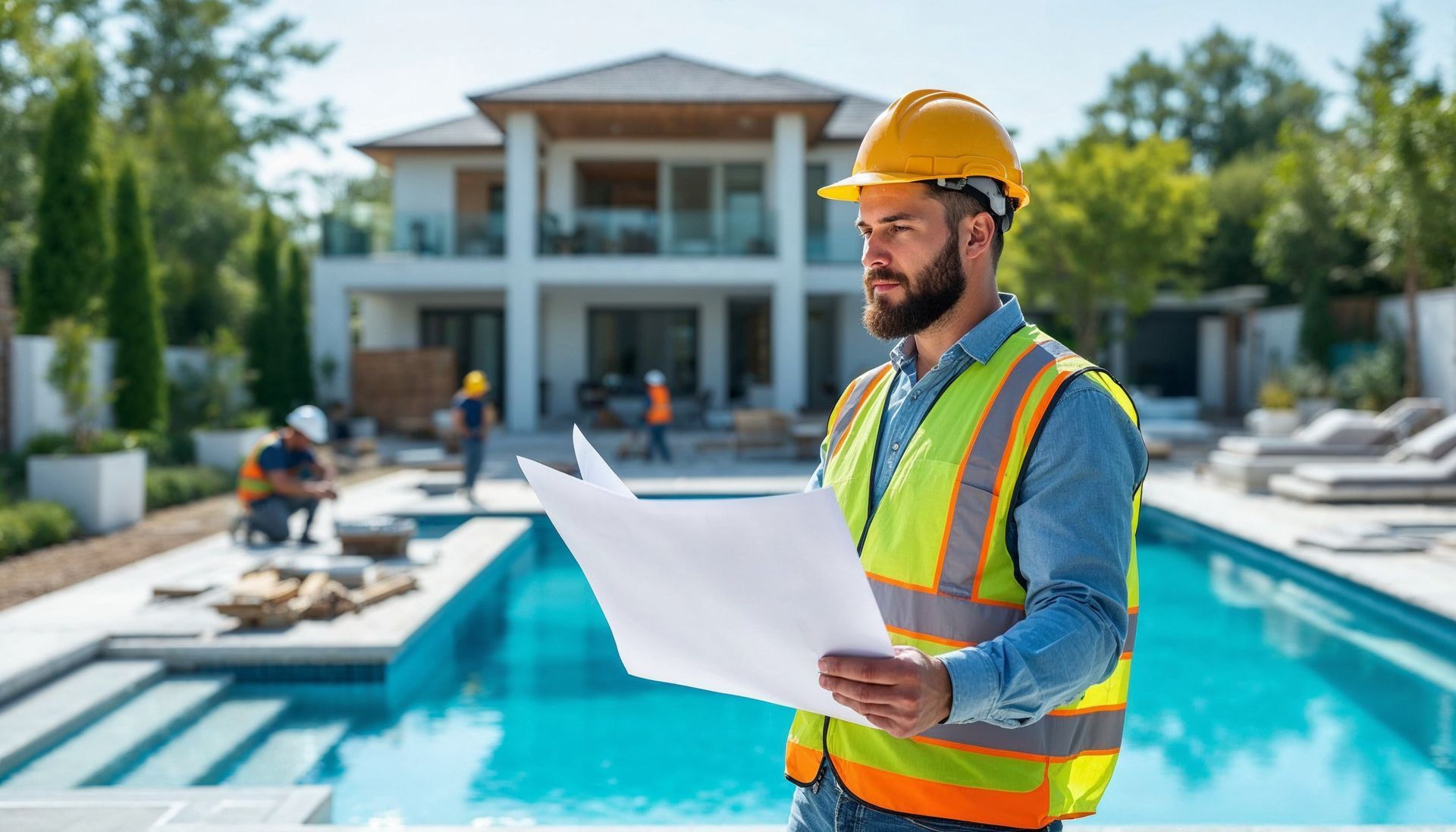 Construction worker reviewing plans beside a pool at a residential job site