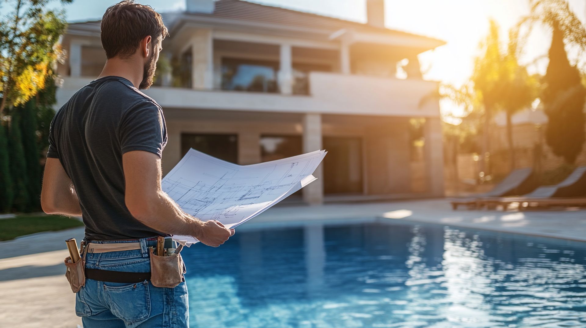 Person holding building plans while standing beside a pool at a house construction site Person holding building plans while standing beside a pool at a house construction site