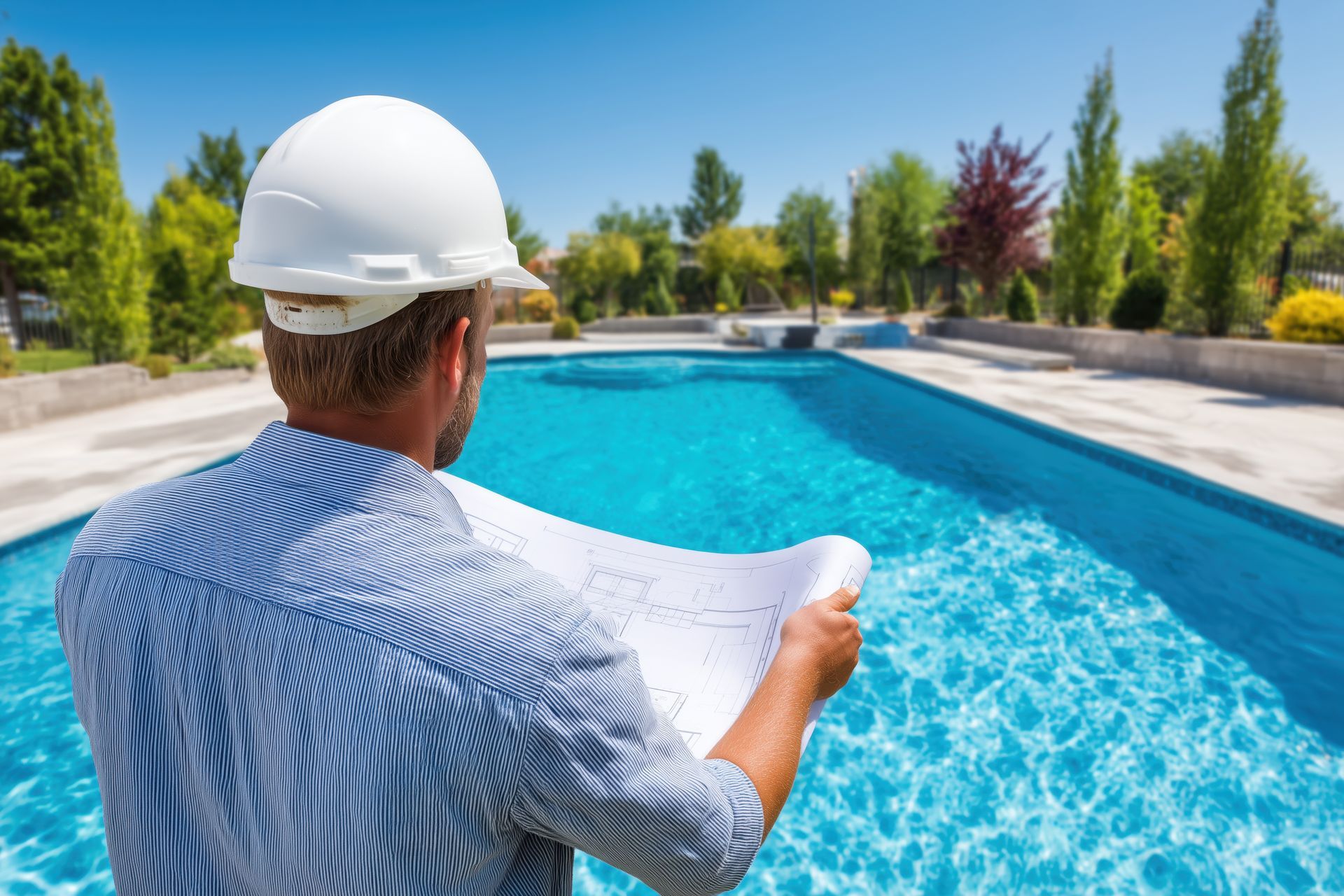 Residential pool contractor holding blueprint and inspecting new swimming pool in a garden.