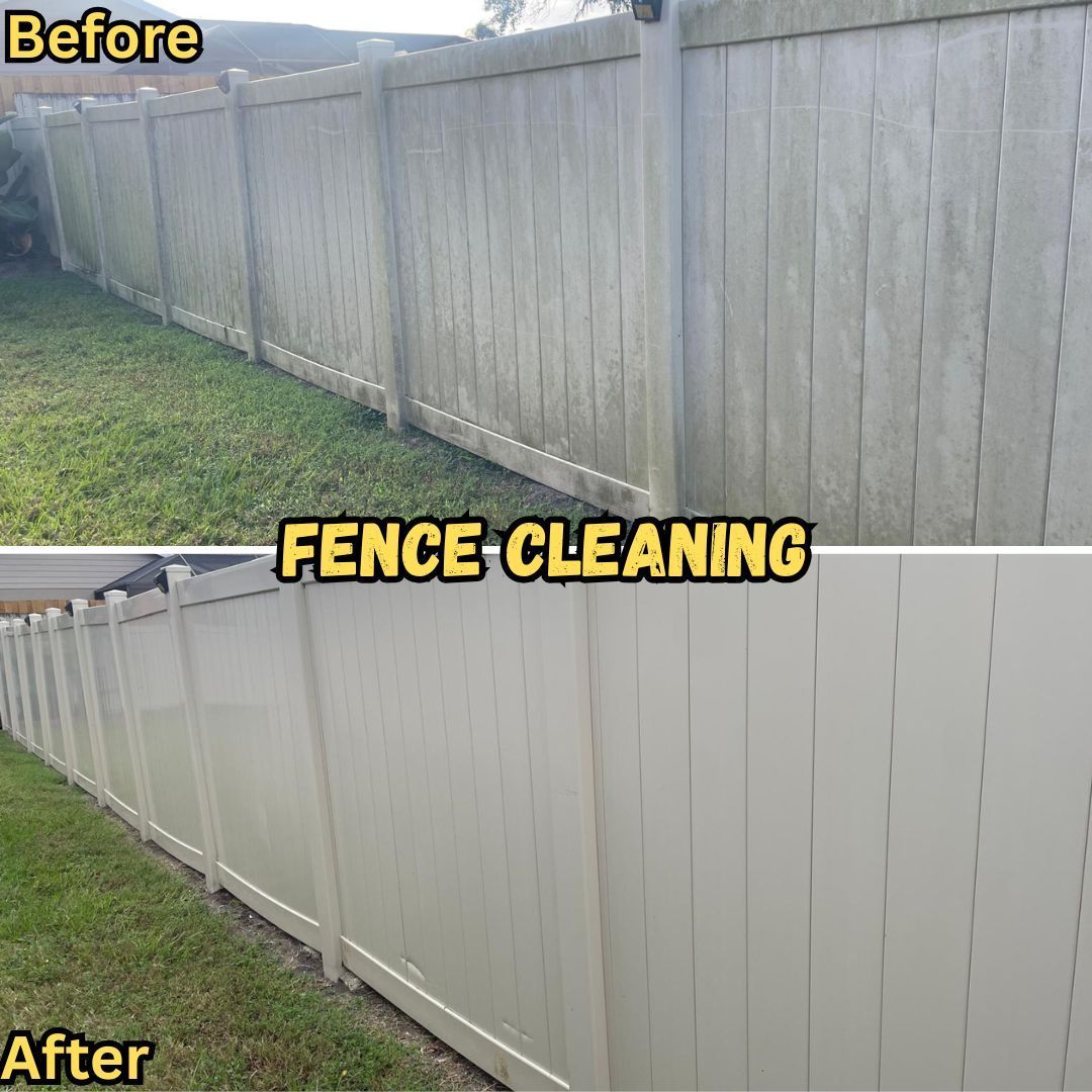 Comparison of a dirty fence (top) and a clean fence (bottom). Shows fence cleaning results.