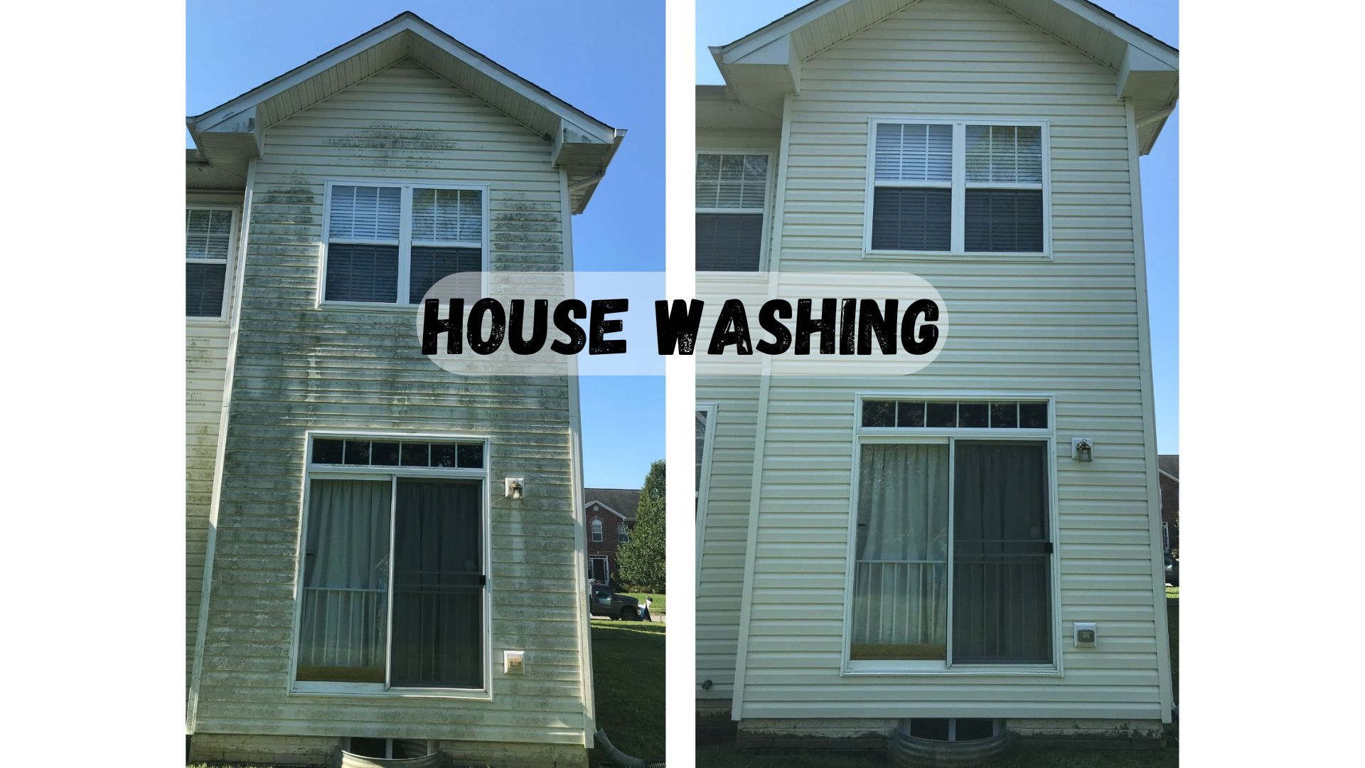 House before and after pressure washing.  Exterior of a two-story home, the siding visibly cleaner on the right.