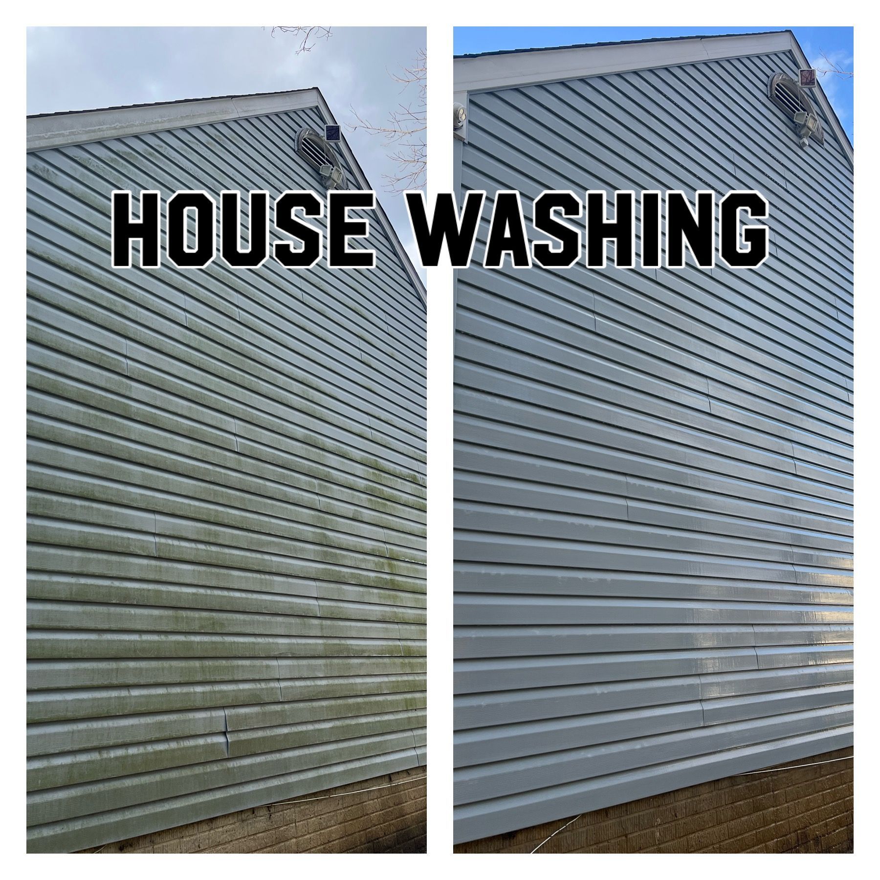 Before and after house washing: dirty green siding compared to clean gray siding.
