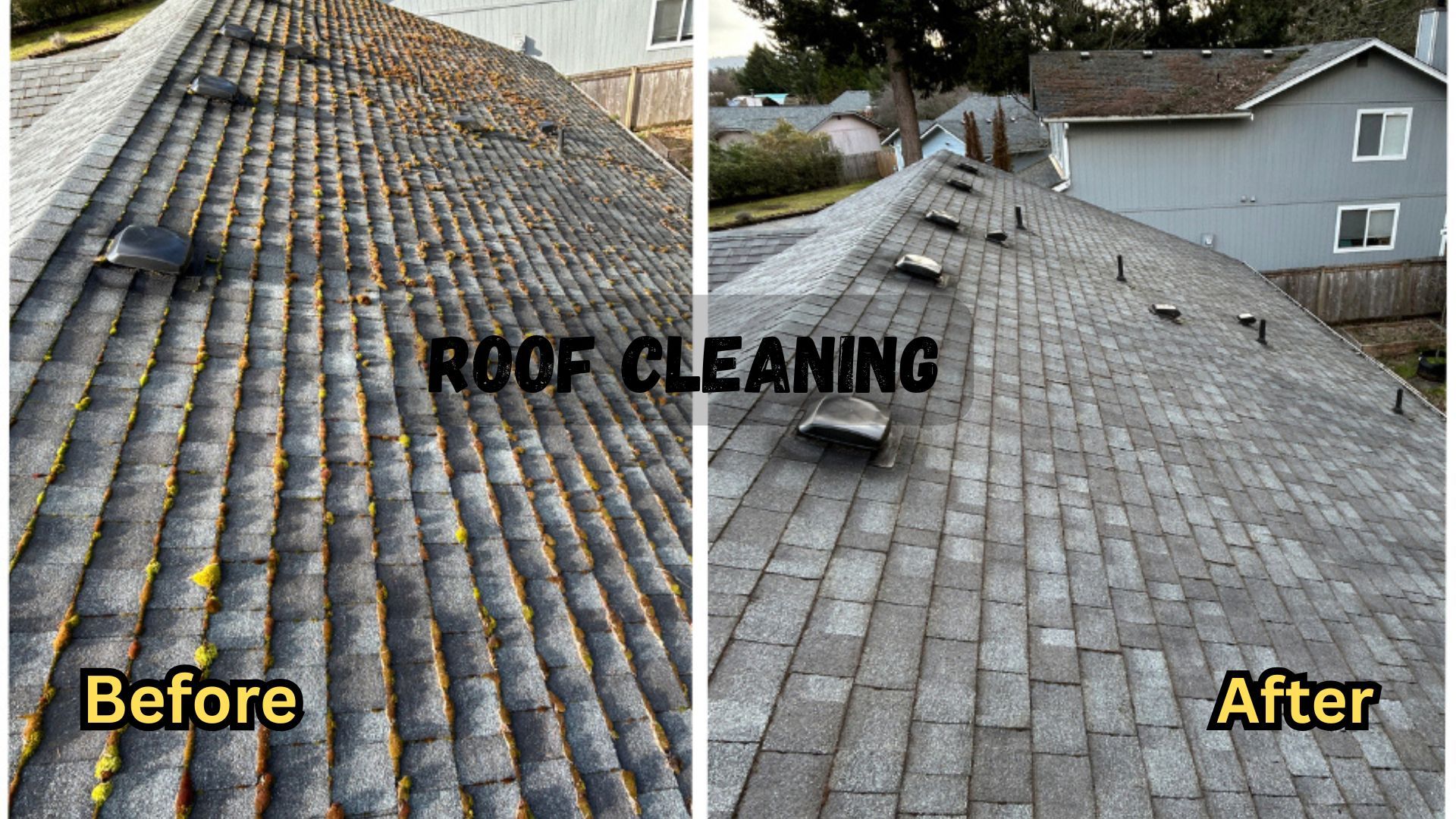 Before and after roof cleaning comparison. Shingles change from moldy and dirty to clean and gray.