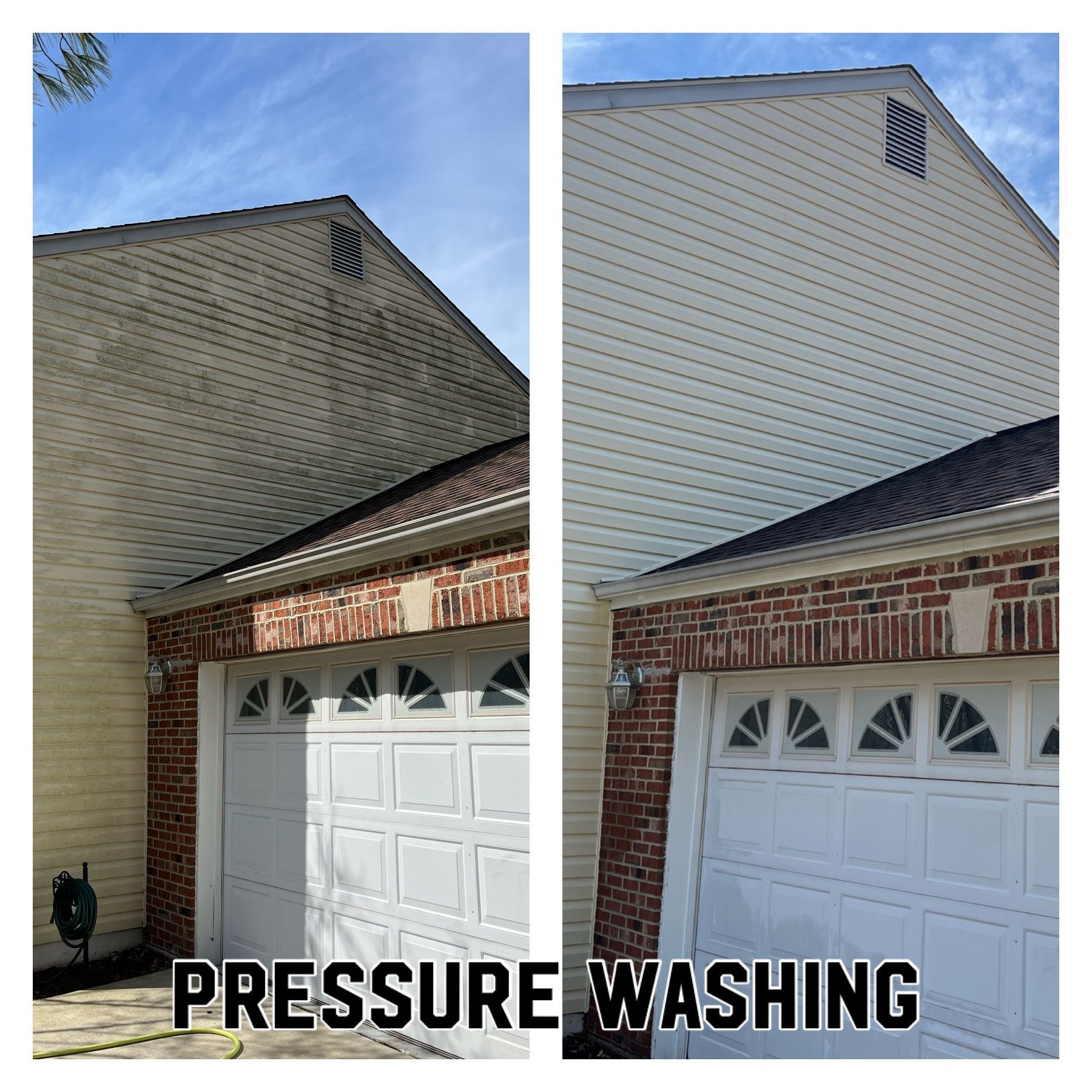 Before and after of a house's siding pressure washed clean, brick wall, and garage.