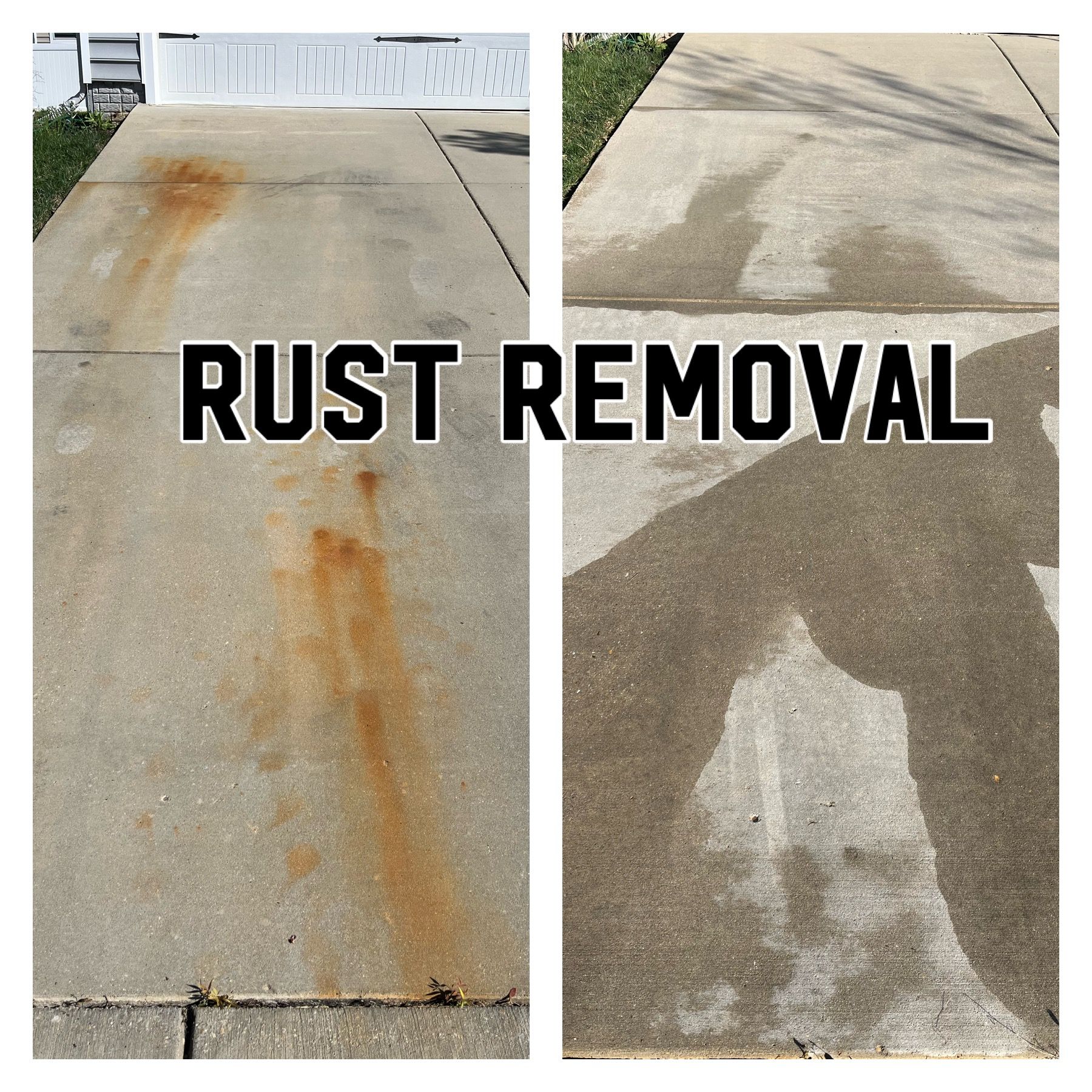 Concrete driveway before and after rust removal, showing a significant color difference.