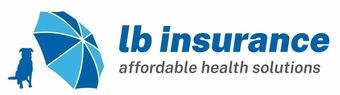 Logo of LB Insurance: dog under a blue umbrella, with text "lb insurance, affordable health solutions".