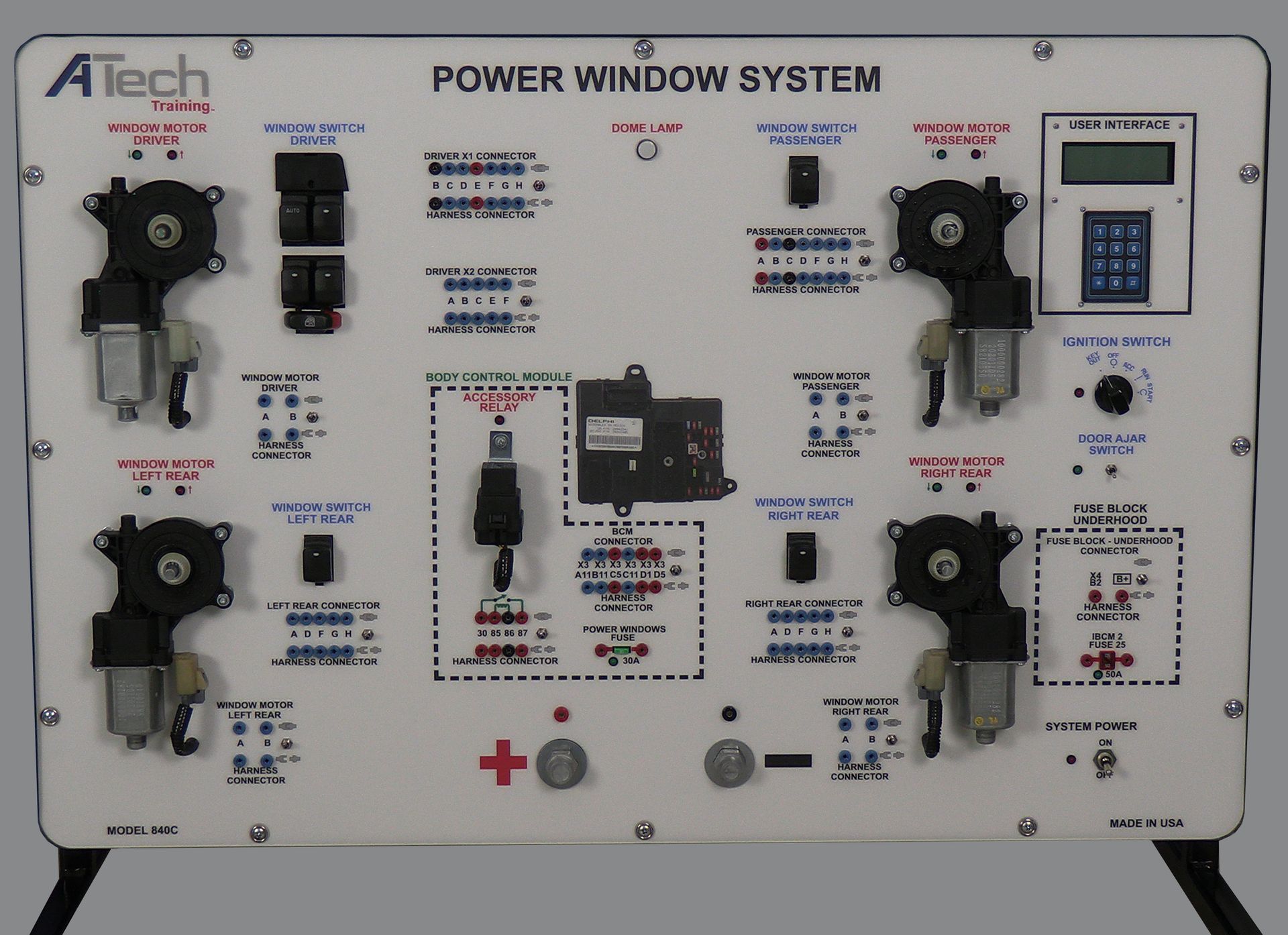 A tech power window system is shown on a white board