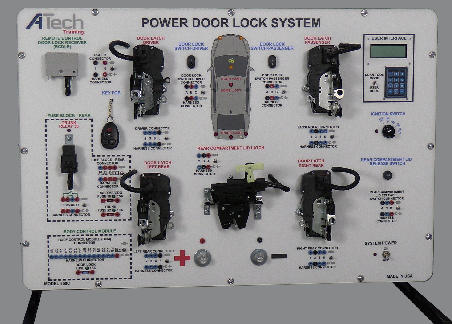 A tech power door lock system is displayed on a white board
