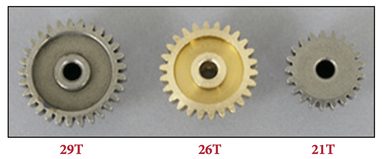 Three gears with the numbers 29t 26t and 21t on them