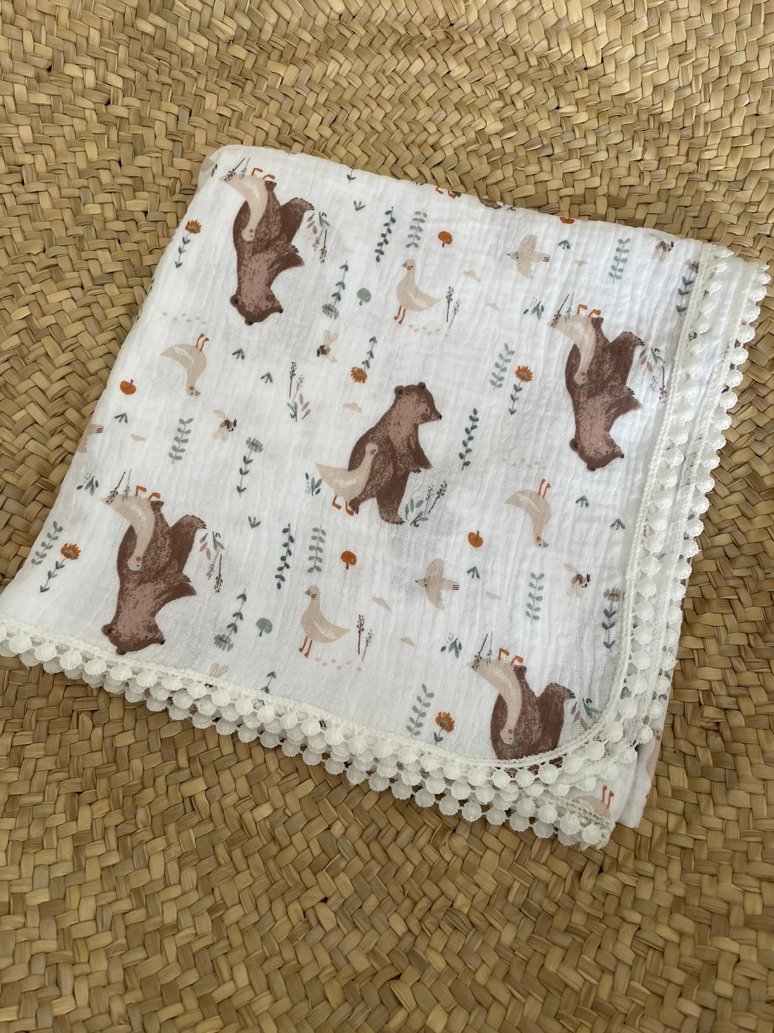 Swaddle hydrofiele doek beer en gans bolletjes kant