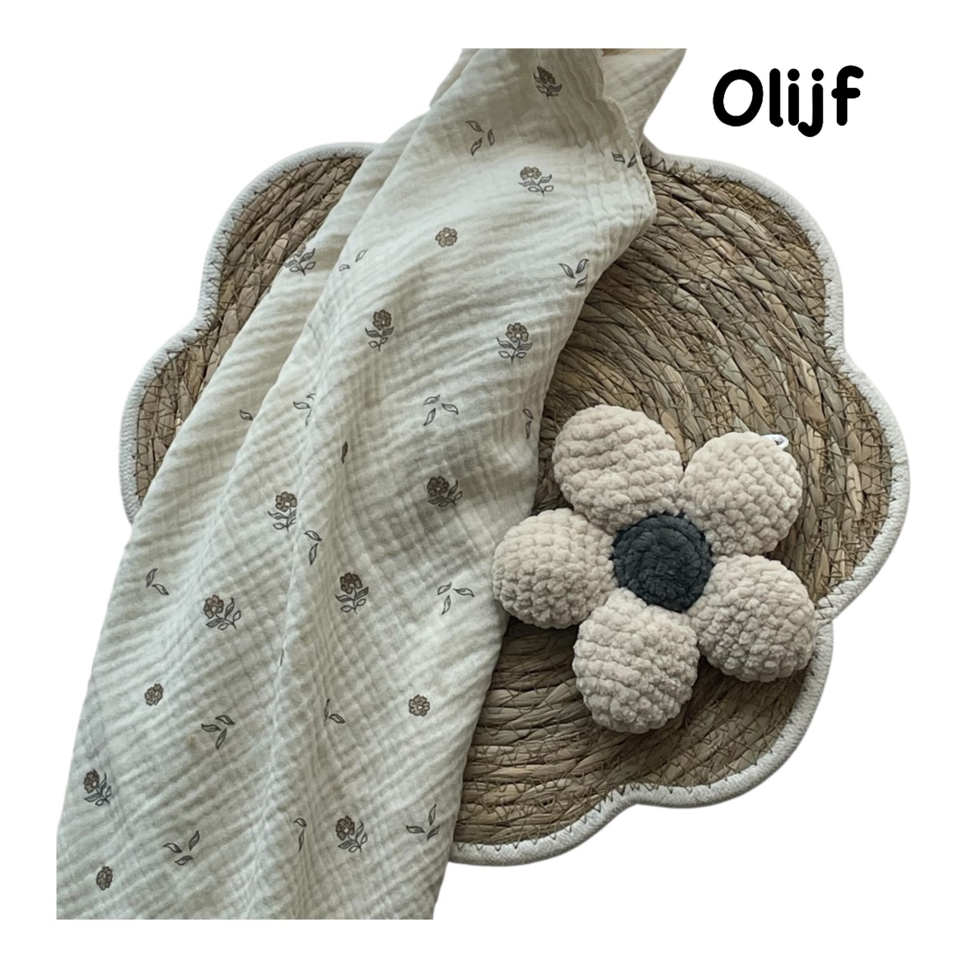 Speenknuffel  bloem  olijf - gehaakt