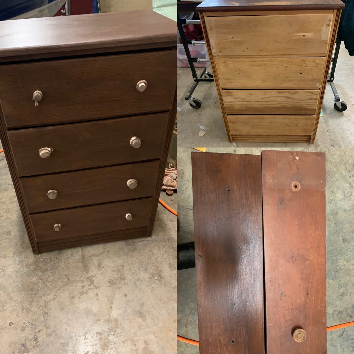 A brown wooden dresser before and after refinishing, with two drawer fronts detached.