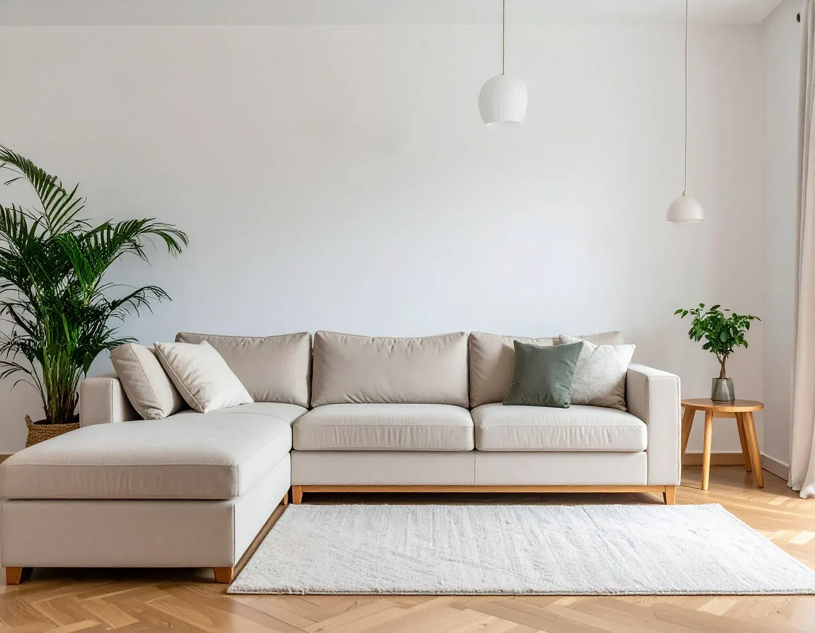 Beige sectional sofa in a bright room with a rug, plant, and wooden table.