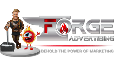 A logo for forge advertising with a red flame in the middle