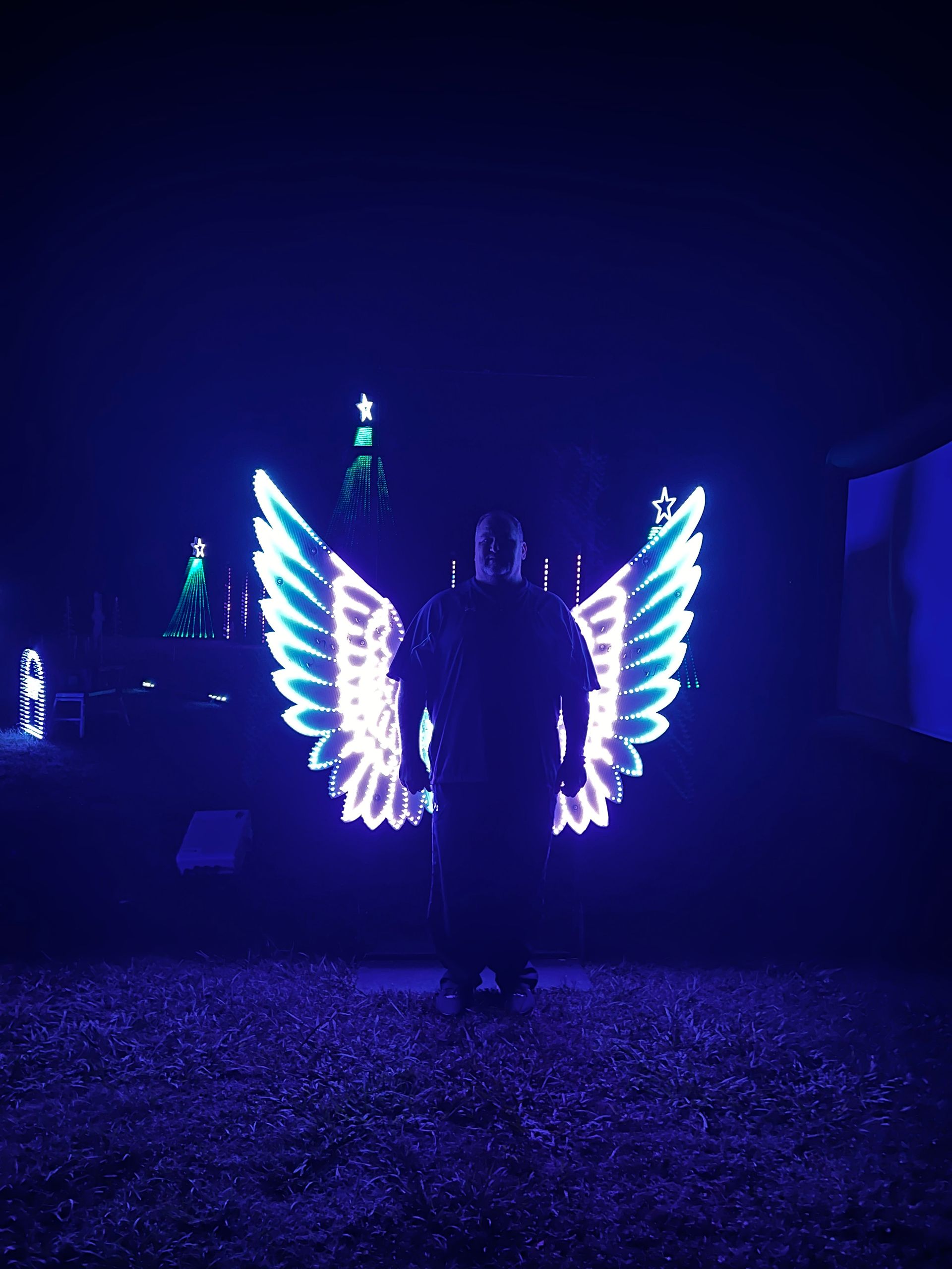 A person is standing in the dark with glowing wings.