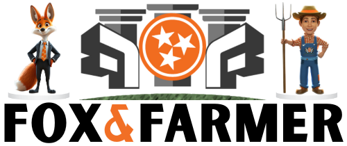 A logo for fox and farmer with three stars on it