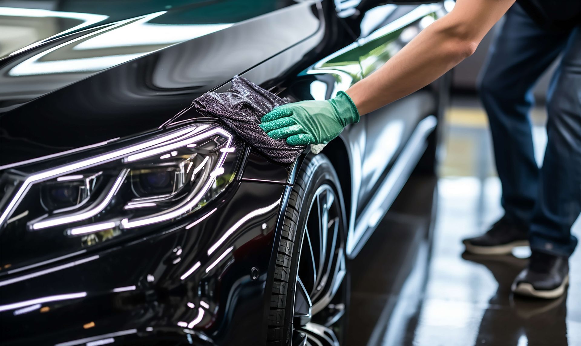 Wiping black car fender with  greenmicrofiber glove