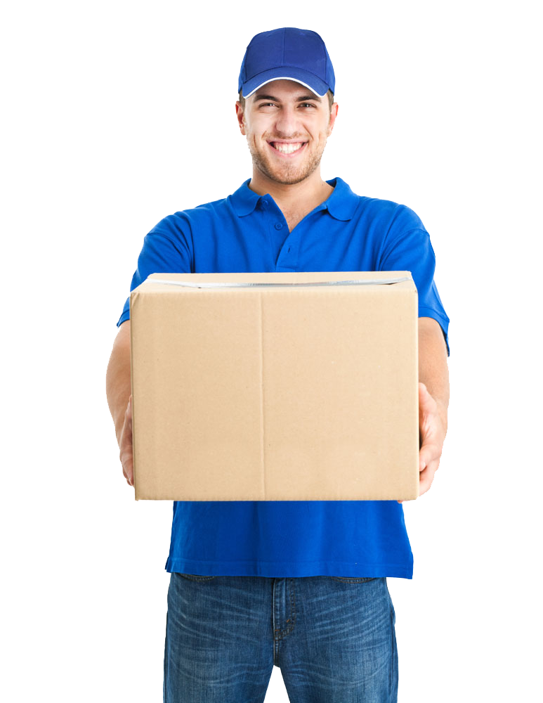 A delivery man in a blue shirt is holding a cardboard box.