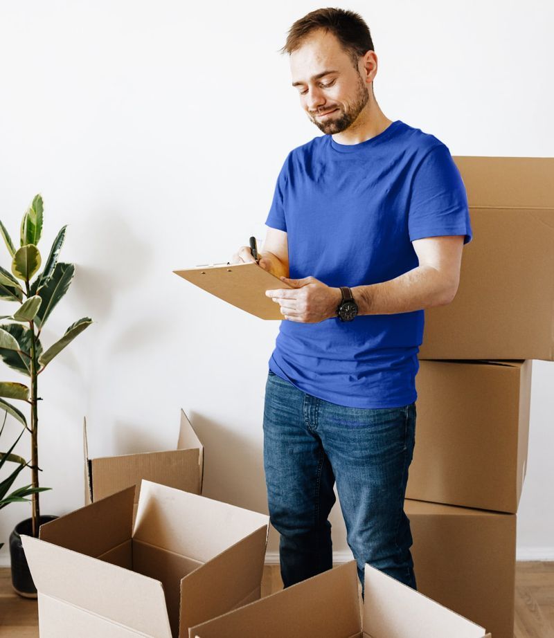 A man in a blue shirt is standing in front of a pile of cardboard boxes.