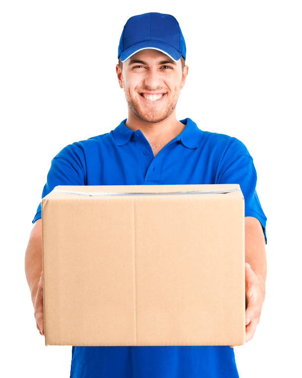 A delivery man in a blue shirt is holding a cardboard box.