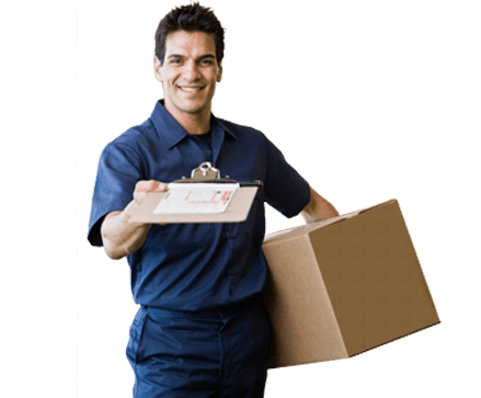 A delivery man is holding a clipboard and a cardboard box