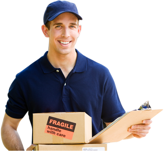 A delivery man is holding a clipboard and a fragile box