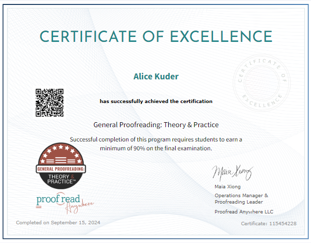 A certificate of excellence for alice kuder has successfully achieved the certification