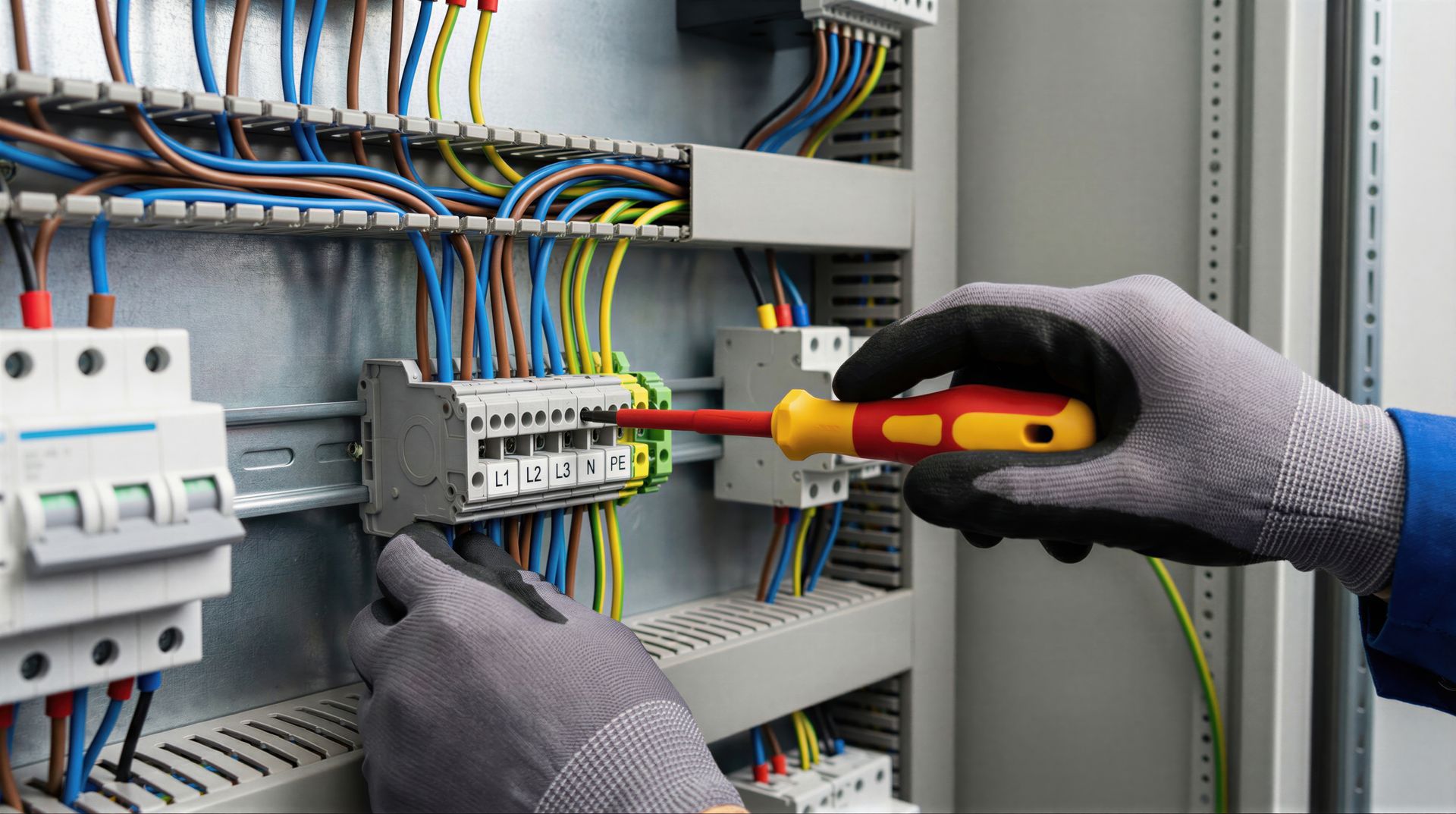 Close-up of an electrician working on electrical components inside a circuit breaker panel.