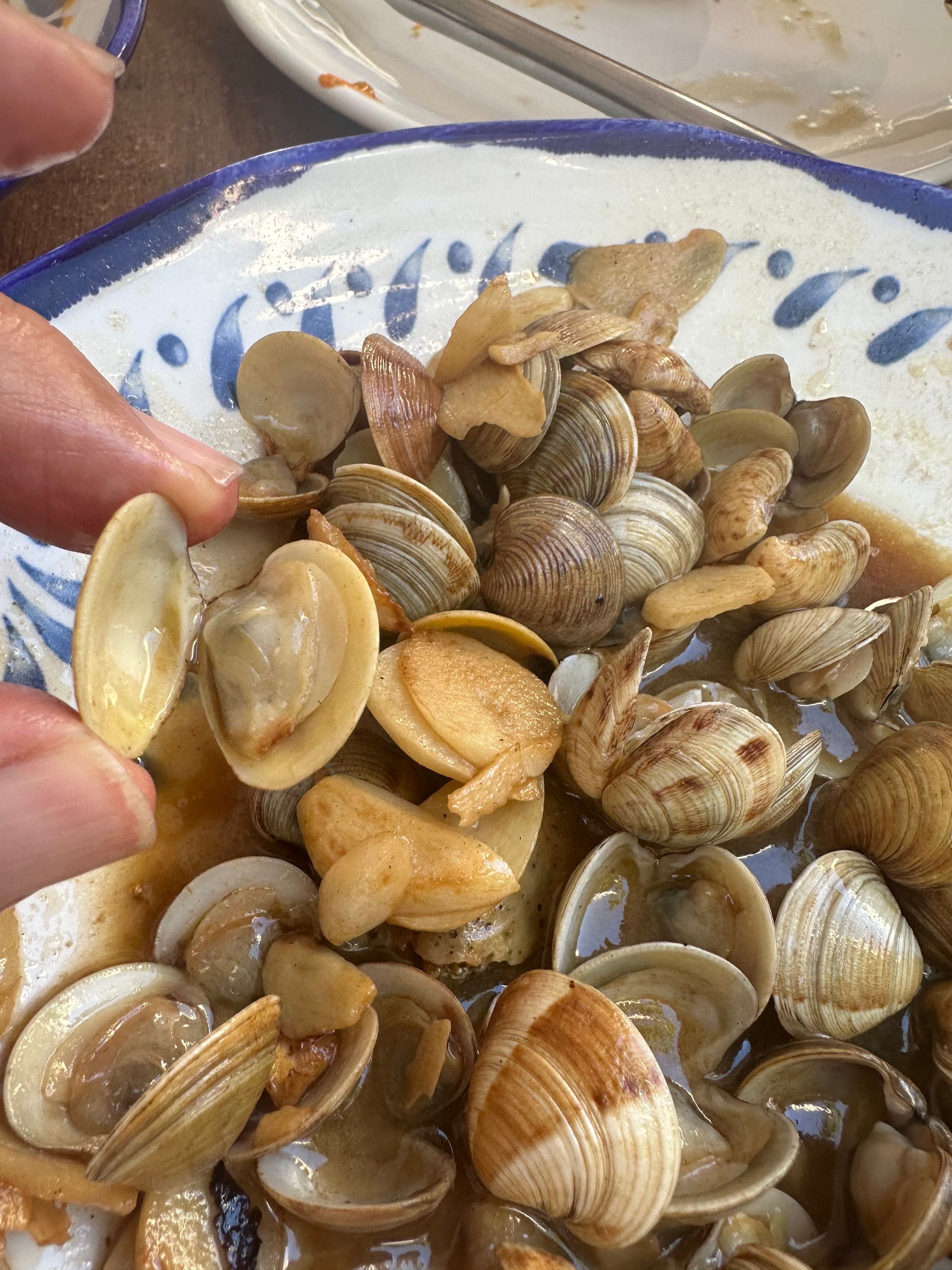 A hand holds an empty clam shell above a bowl of cooked clams in a light brown sauce on a decorative plate.