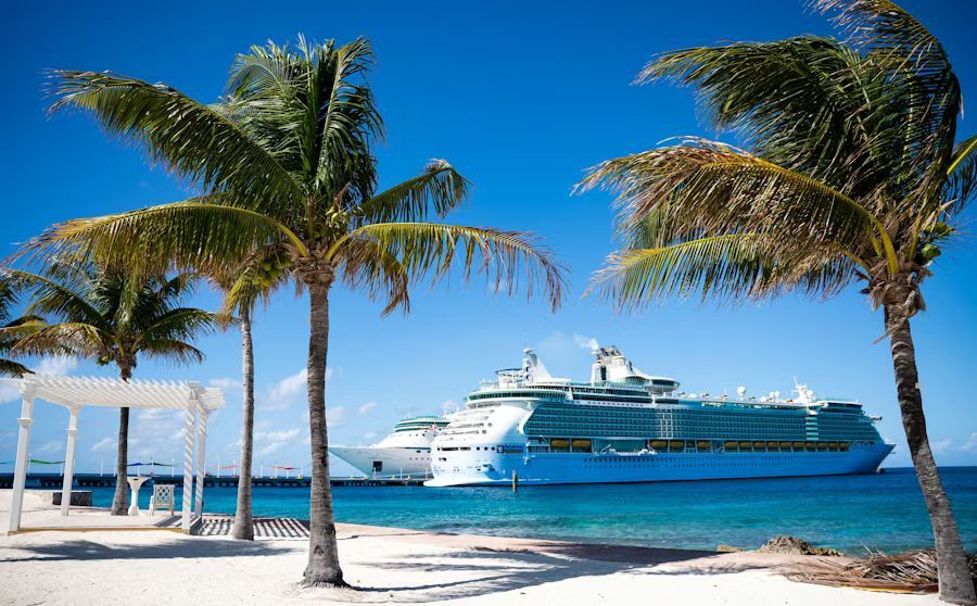 A cruise ship is moored off shore of a white beach with palm trees