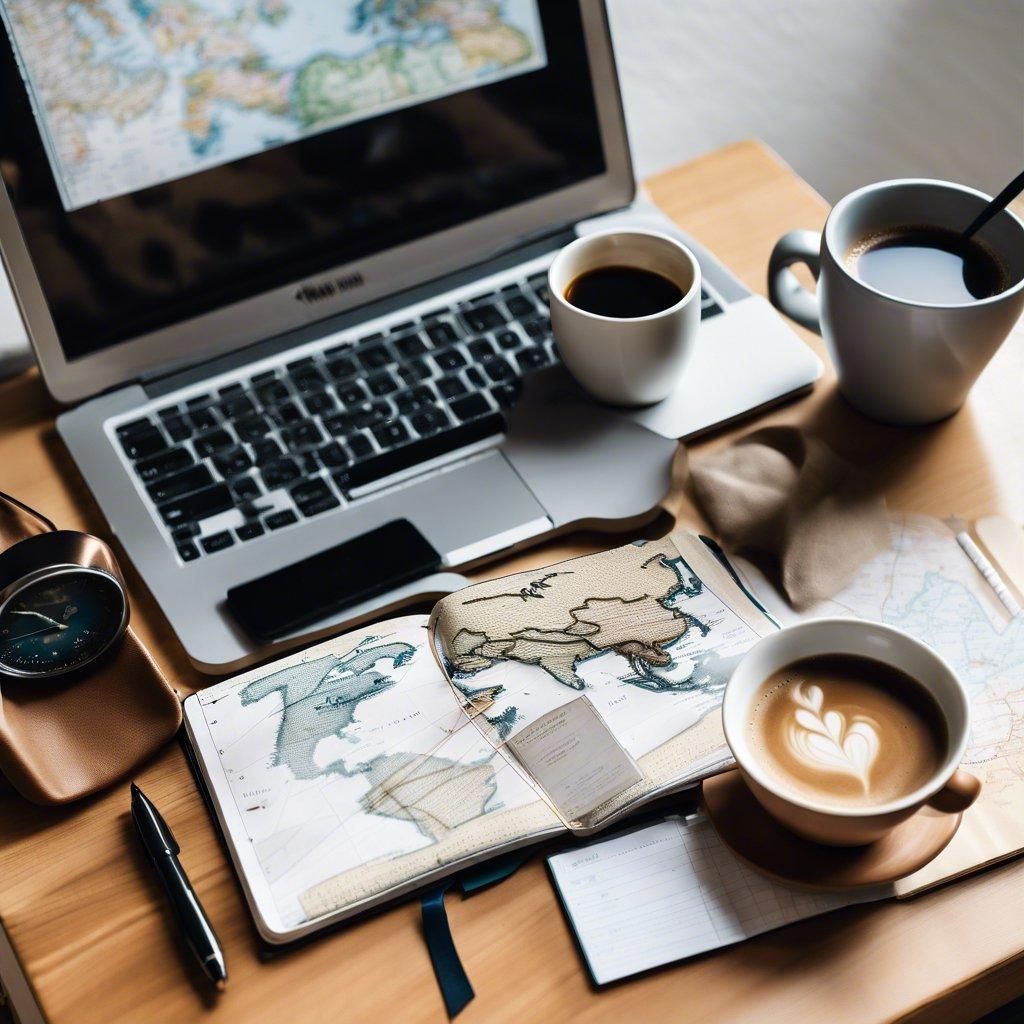 A cup of coffee and a computer displaying a map sit on a table.