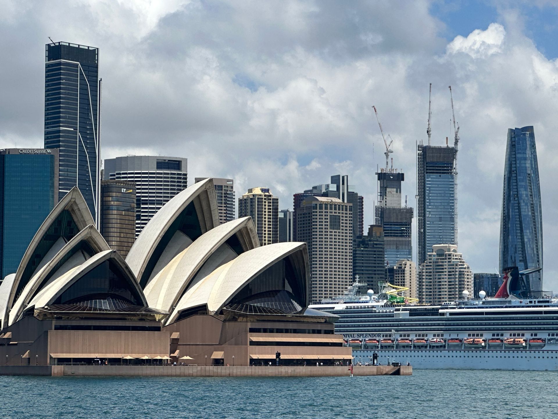 The Sydney Opera House sits on the harbor in front of a city skyline with skyscrapers and a large cruise ship.