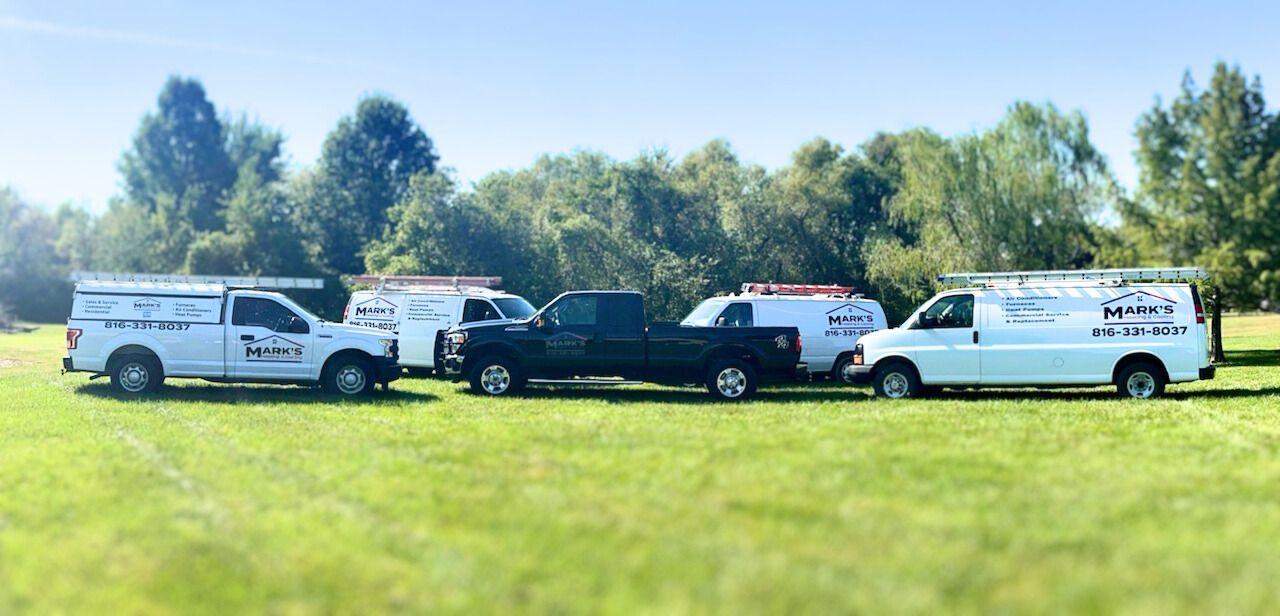 A row of trucks and vans are parked in a grassy field.