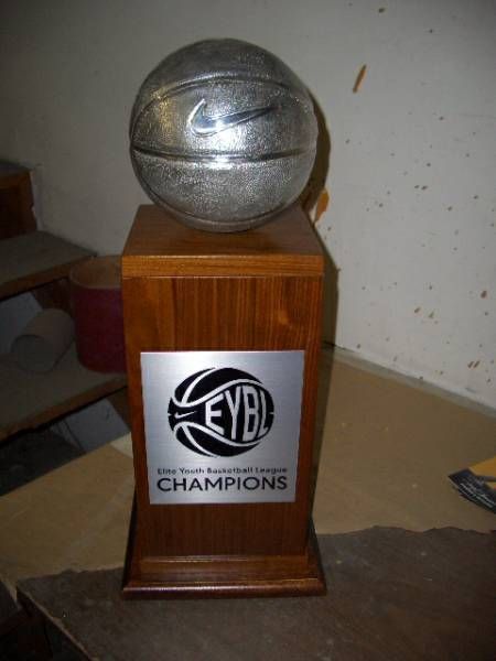 a basketball on top of a trophy that says champions