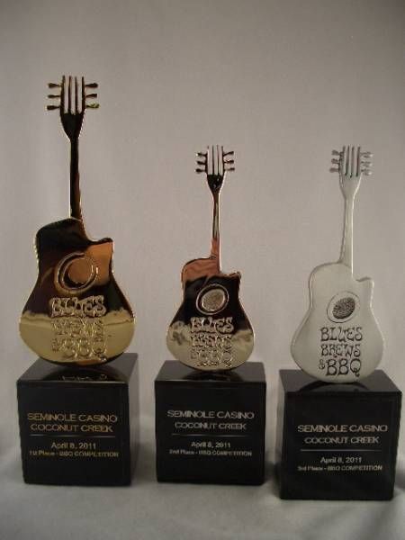 three trophies in the shape of guitars are sitting on a table