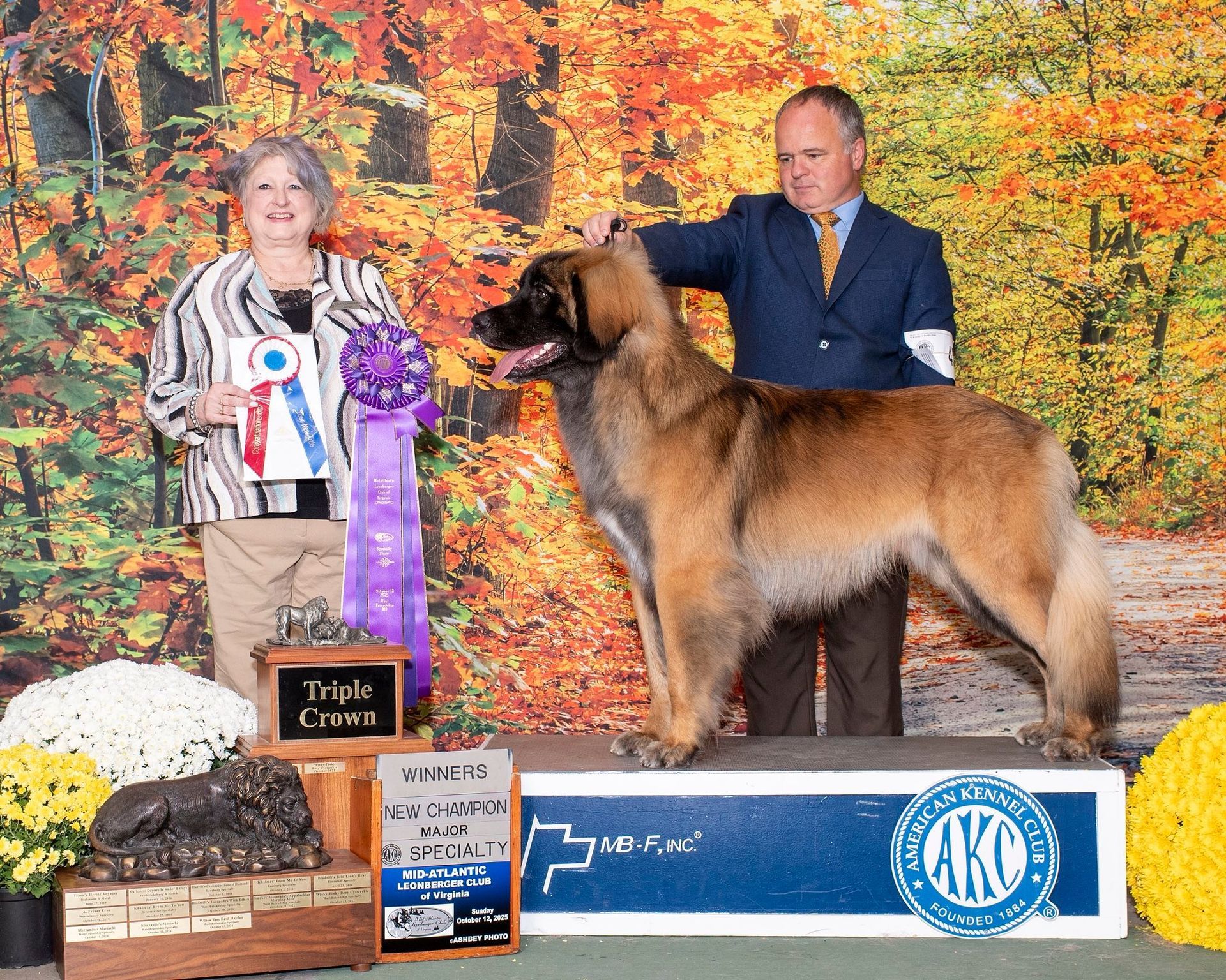 A dog and two people stand on a platform with awards. The dog is brown and the background is autumn colors.
