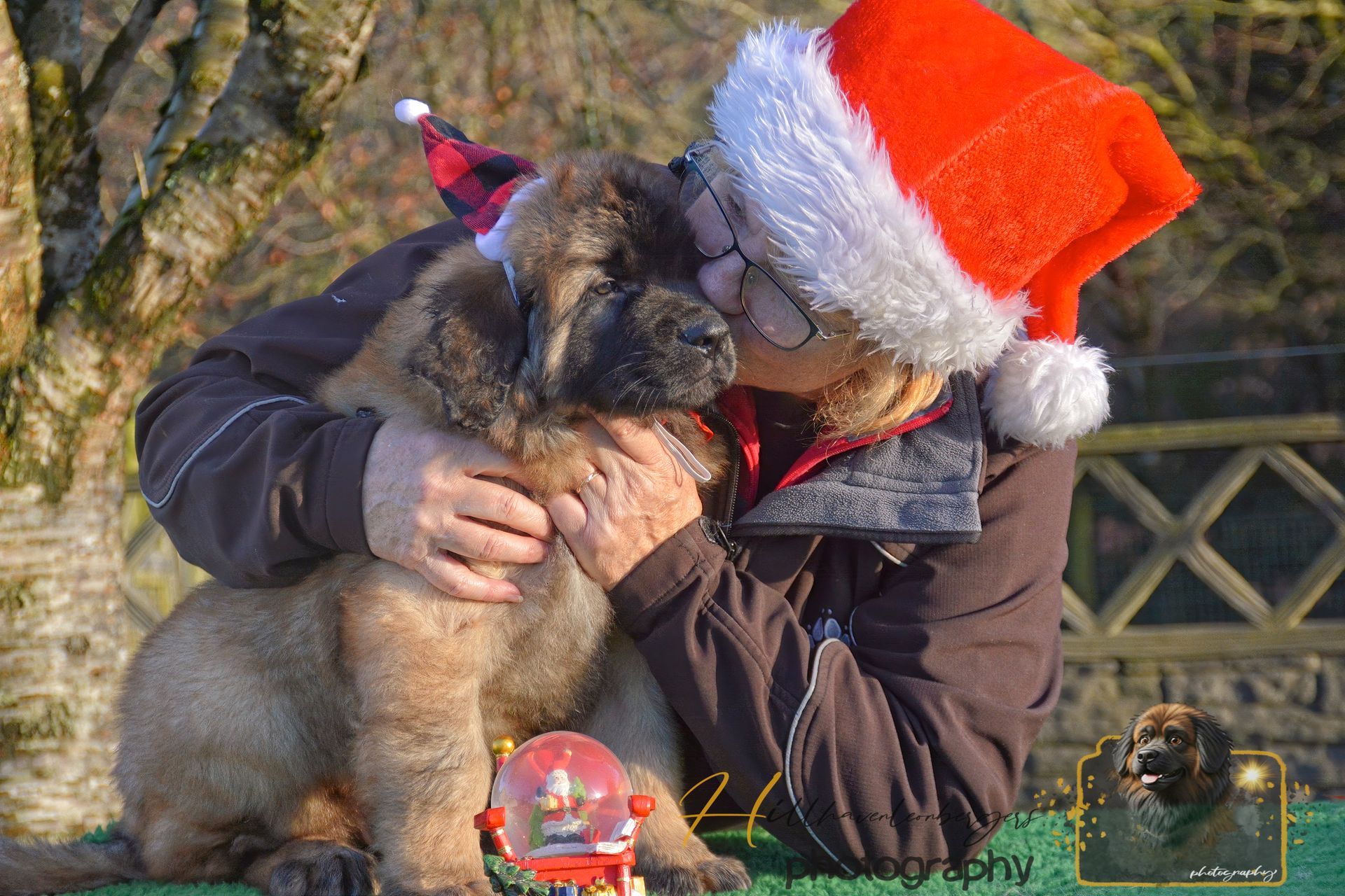 Person in Santa hat hugs a dog in a small Santa hat outdoors. Snow globe sits nearby.