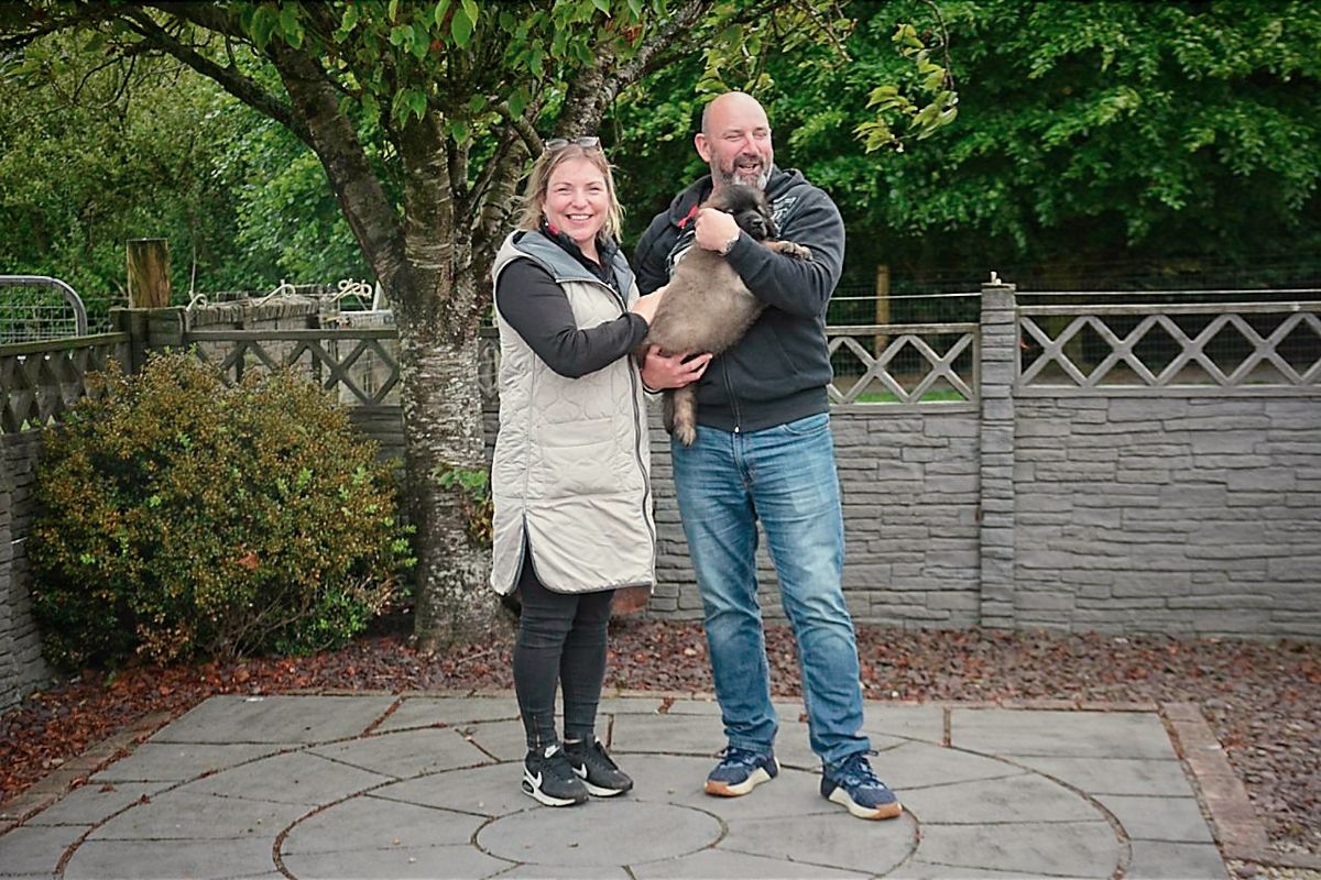 A woman and a man hold a small animal outside. They stand on a patio near a fence and tree.
