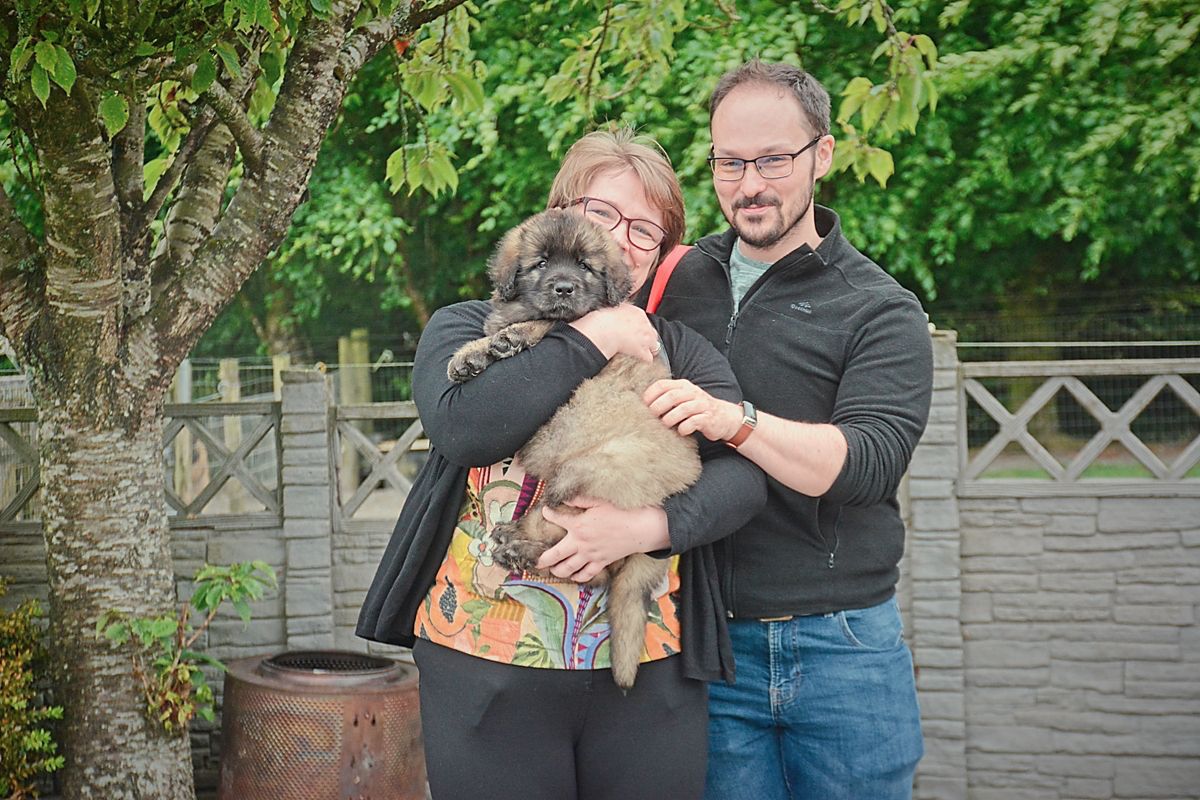 Couple holding a fluffy brown puppy outdoors in front of a fence and trees.