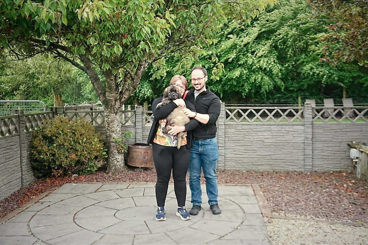 Couple hugging a dog on a patio in front of a fence and lush greenery.