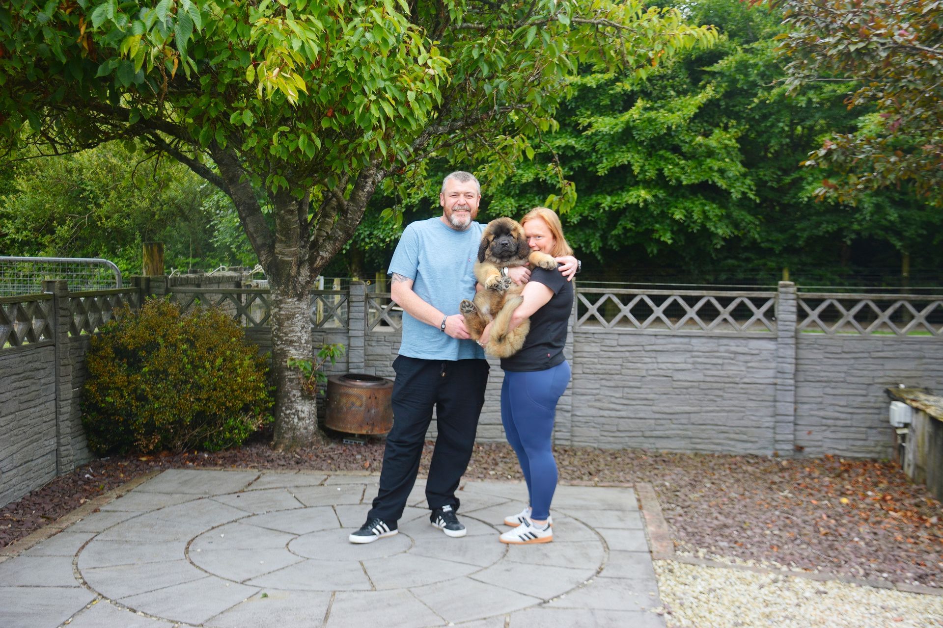 Couple holding a fluffy brown dog on a patio, trees in background, gray fence.