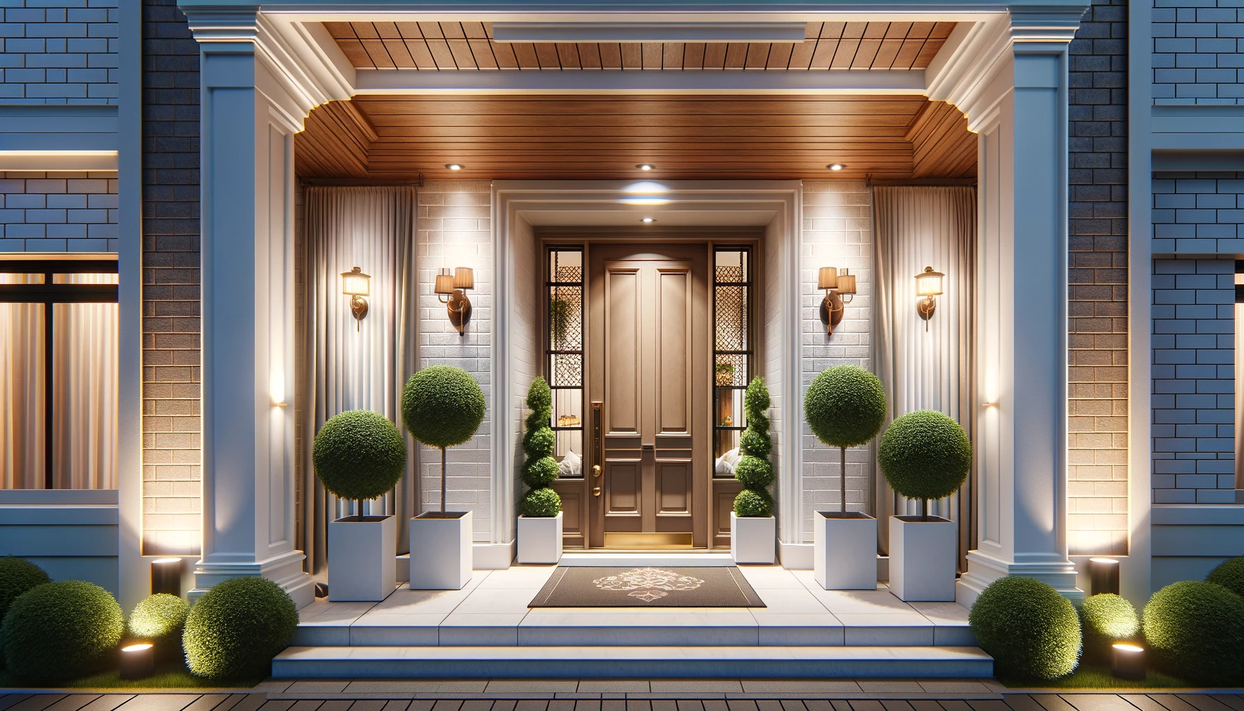 Elegant front entrance with warm lighting, double doors, potted topiary, and a stone stoop at dusk