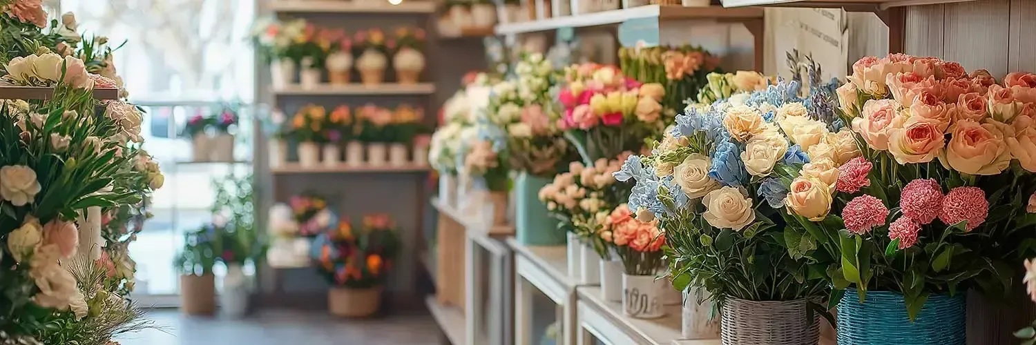 Flower shop display with colorful bouquets on shelves and tables in a bright storefront