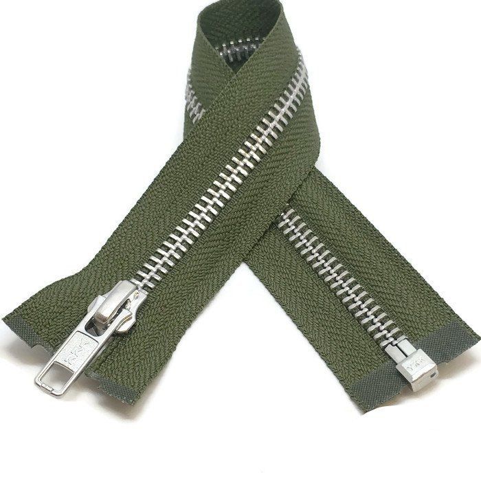Army green zipper with silver chain and pull tab