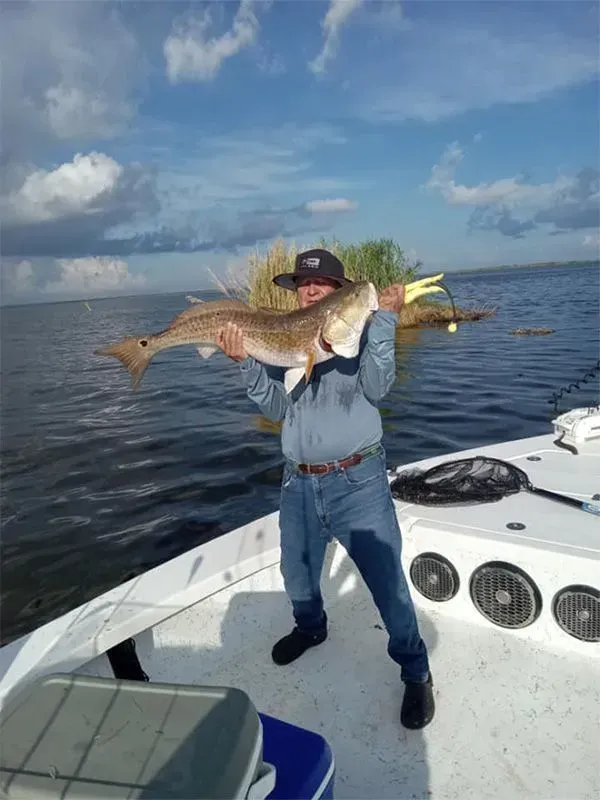A man is standing on a boat holding a large fish.