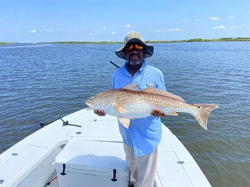 A man is standing on a boat holding a large fish.